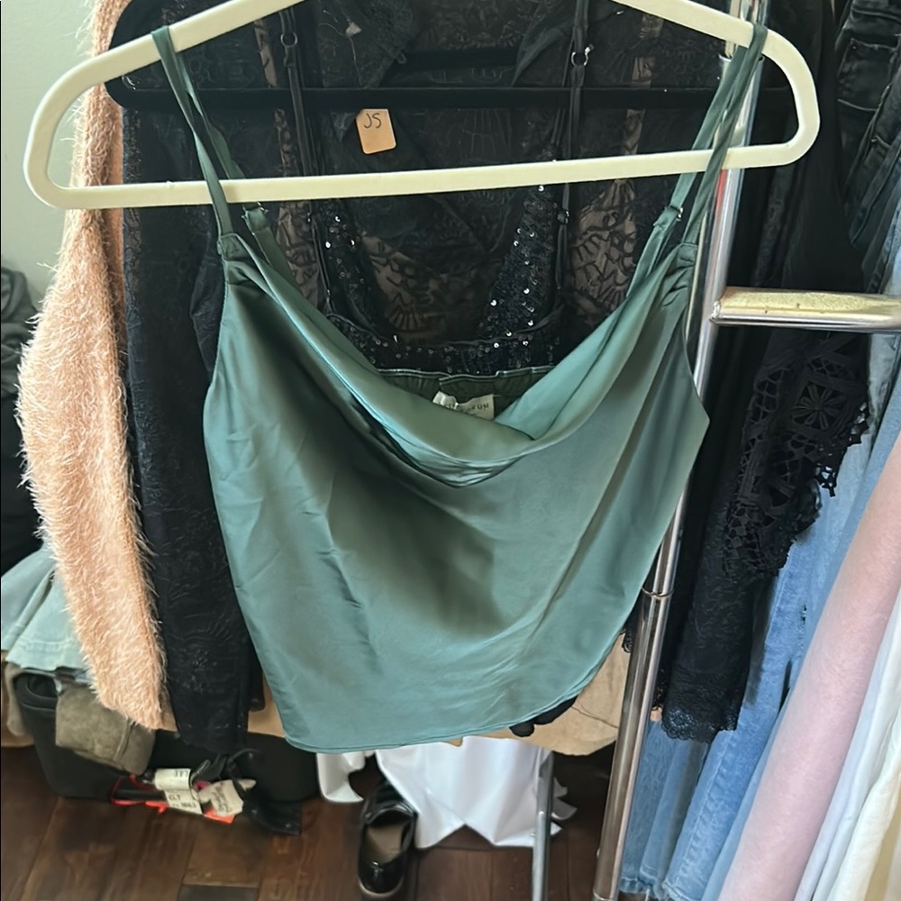 Dress Forum Teal Satin Cowl Neck Tank Top